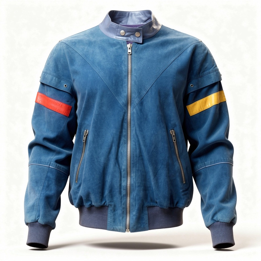 CLAUDE MONTANA Blue Suede Bomber Jacket with Red and Yellow Accents